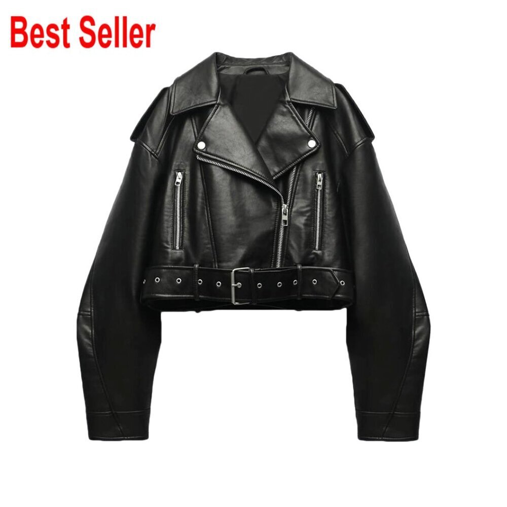 Faux Leather Cropped Biker Jacket with Removable Belt Zipper Pockets